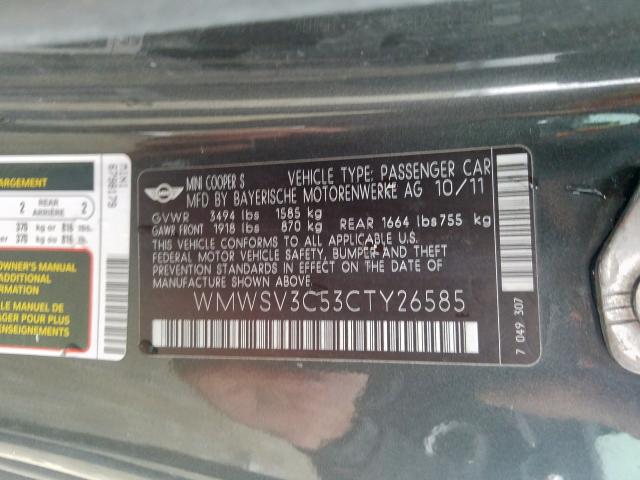 2012 MINI COOPER S WMWSV3C53CTY26585