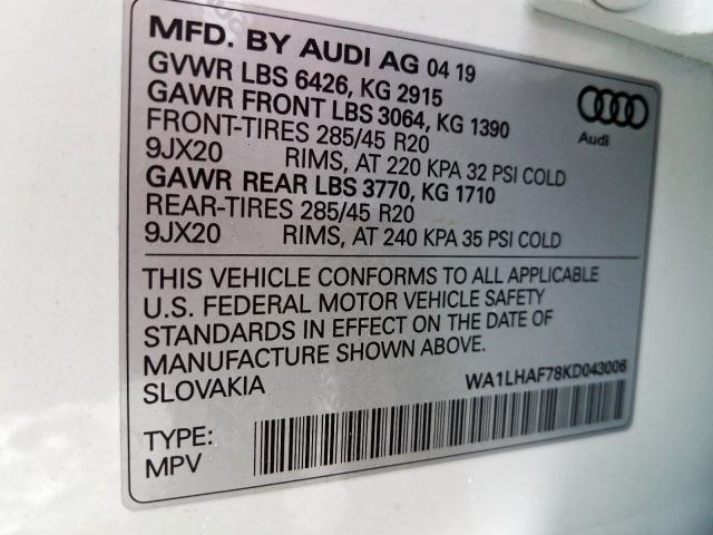 VIN WA1LHAF78KD043006 2019 Audi Q7, Premium Plus no.10