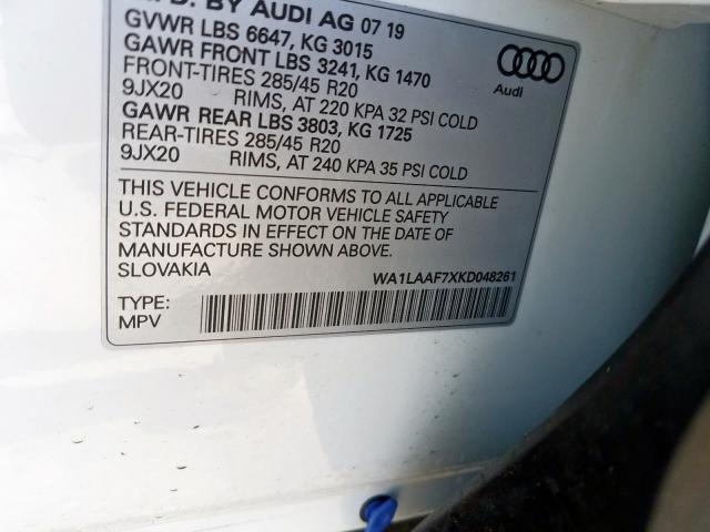 VIN WA1LAAF7XKD048261 2019 Audi Q7, Premium Plus no.10