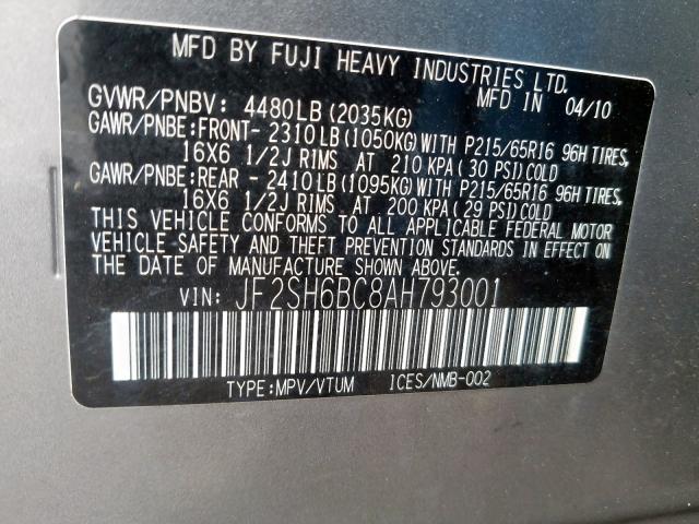 2010 SUBARU FORESTER X JF2SH6BC8AH793001