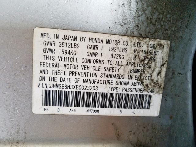 2011 HONDA FIT JHMGE8H3XBC023203