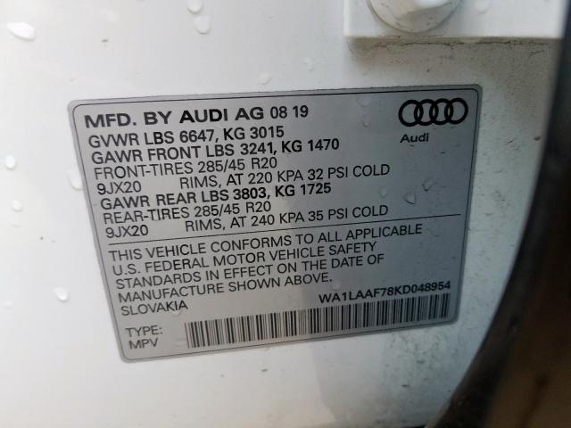 VIN WA1LAAF78KD048954 2019 Audi Q7, Premium Plus no.10