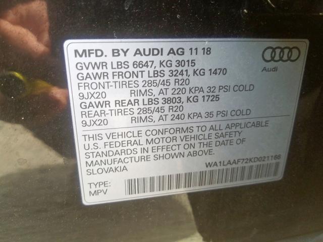 VIN WA1LAAF72KD021166 2019 Audi Q7, Premium Plus no.10