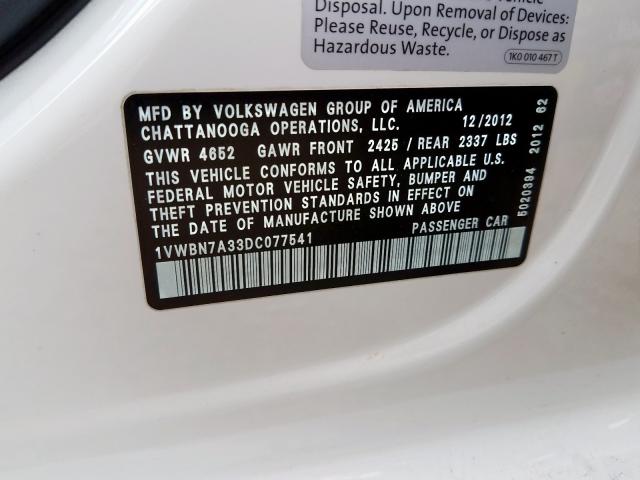 2013 VOLKSWAGEN PASSAT SE 1VWBN7A33DC077541