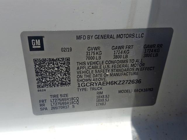 2019 CHEVROLET SILVERADO 1GCRYAEH6KZ272636