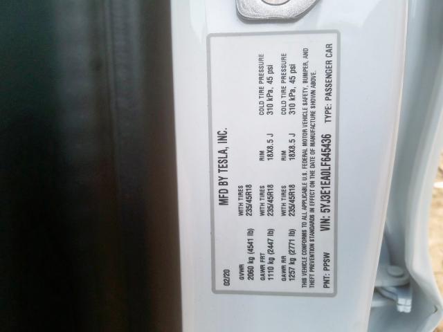 2020 TESLA MODEL 3 5YJ3E1EA0LF645436