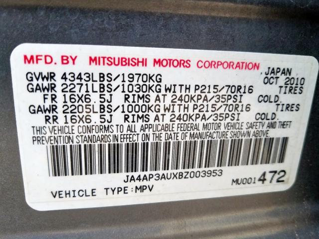 2011 MITSUBISHI OUTLANDER JA4AP3AUXBZ003953