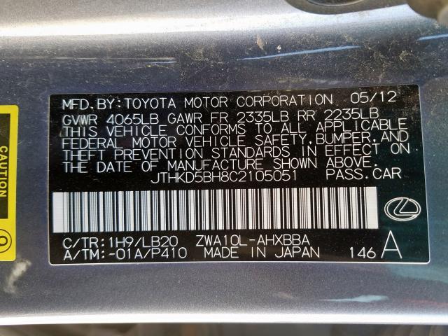 2012 LEXUS CT 200 JTHKD5BH8C2105051