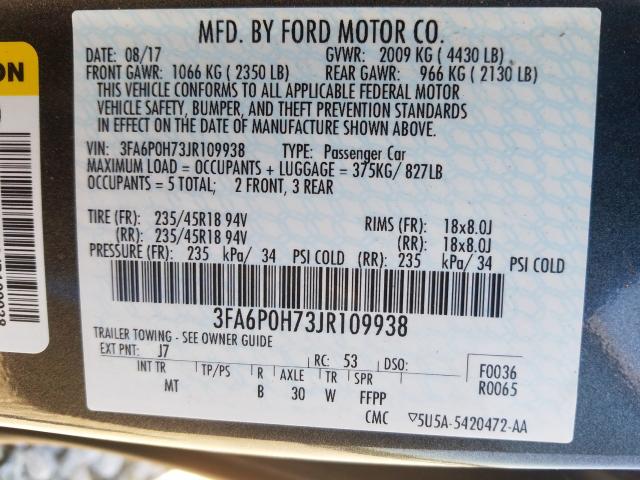 VIN 3FA6P0H73JR109938 2018 Ford Fusion, SE no.10