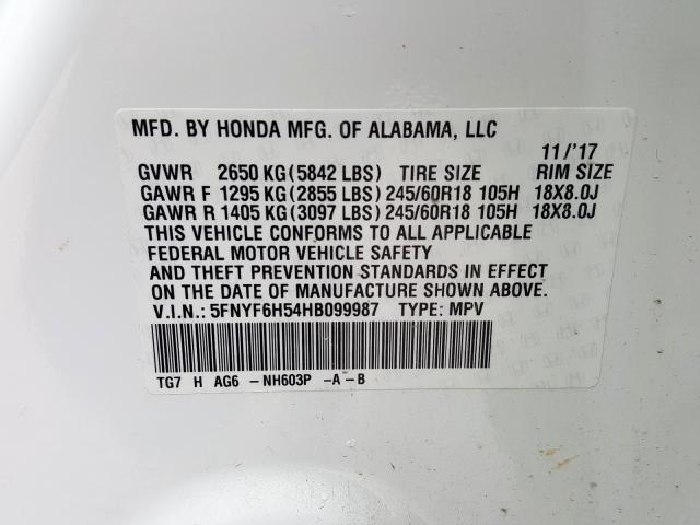 2017 HONDA PILOT EXL 5FNYF6H54HB099987