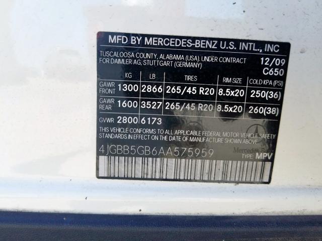 VIN 2C3CDXBG2KH659849 2010 MERCEDES-BENZ ML 350 no.10