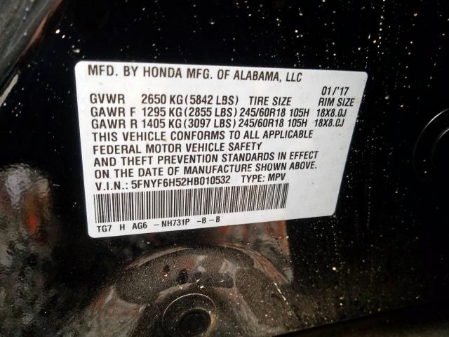 2017 HONDA PILOT EXL 5FNYF6H52HB010532