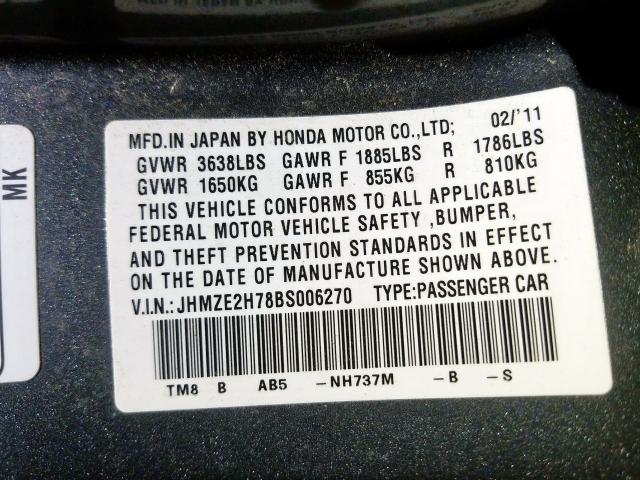 2011 HONDA INSIGHT EX JHMZE2H78BS006270