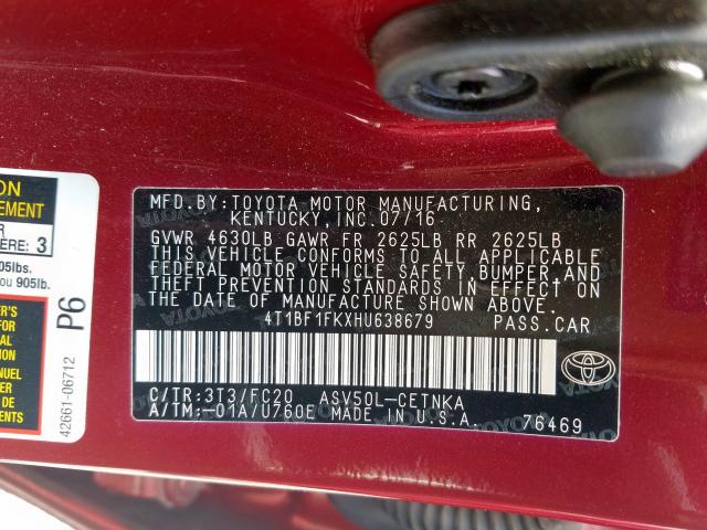 2017 TOYOTA CAMRY LE 4T1BF1FKXHU638679