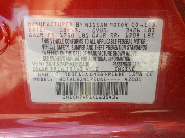 2019 NISSAN VERSA SV 3N1CN7AP1KL805436