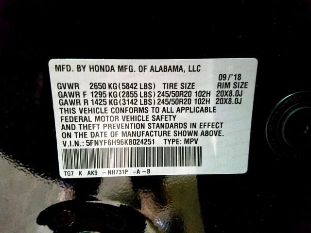 2019 HONDA PILOT TOUR 5FNYF6H96KB024251