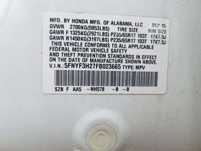 2015 HONDA PILOT LX 5FNYF3H27FB023665
