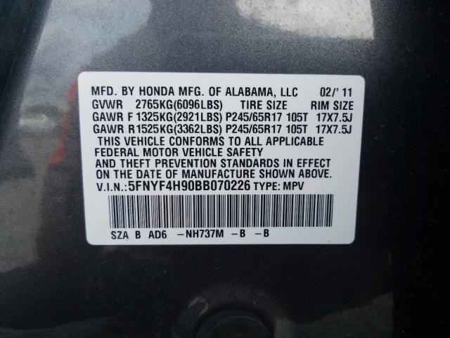 2011 HONDA PILOT TOUR 5FNYF4H90BB070226