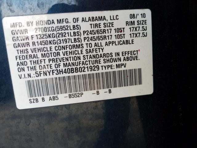 2011 HONDA PILOT EX 5FNYF3H40BB021929
