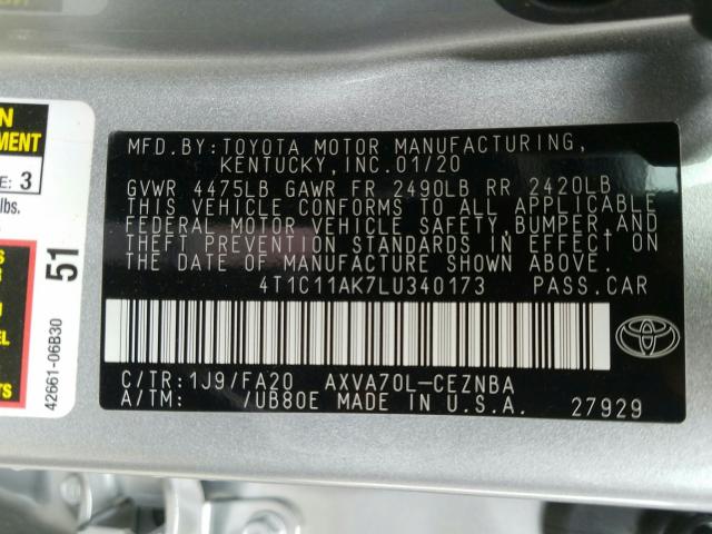 2020 TOYOTA CAMRY LE 4T1C11AK7LU340173
