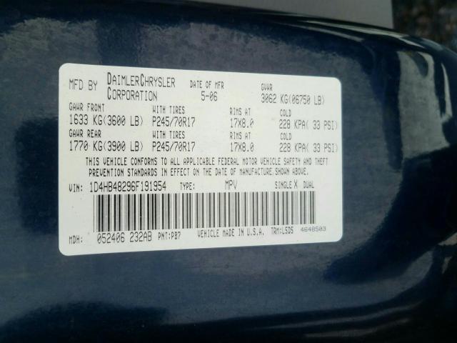 2006 DODGE DURANGO SL 1D4HB48296F191954