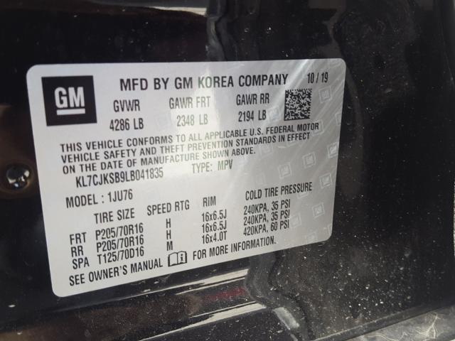 2020 CHEVROLET TRAX LS KL7CJKSB9LB041835