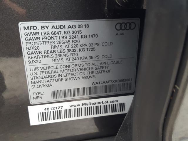 VIN WA1LAAF7XKD003661 2019 Audi Q7, Premium Plus no.10