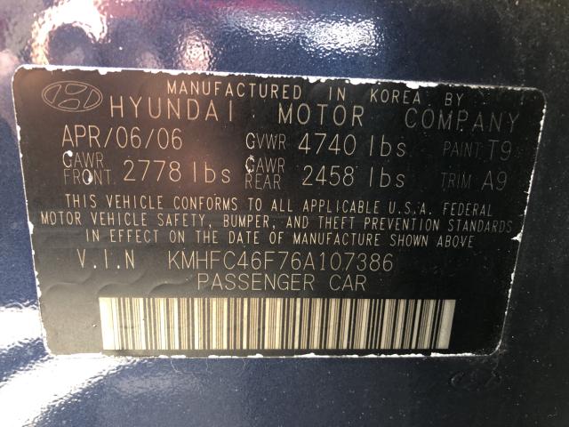 VIN 1FMCU9G93GUB39127 2006 HYUNDAI AZERA SE no.10