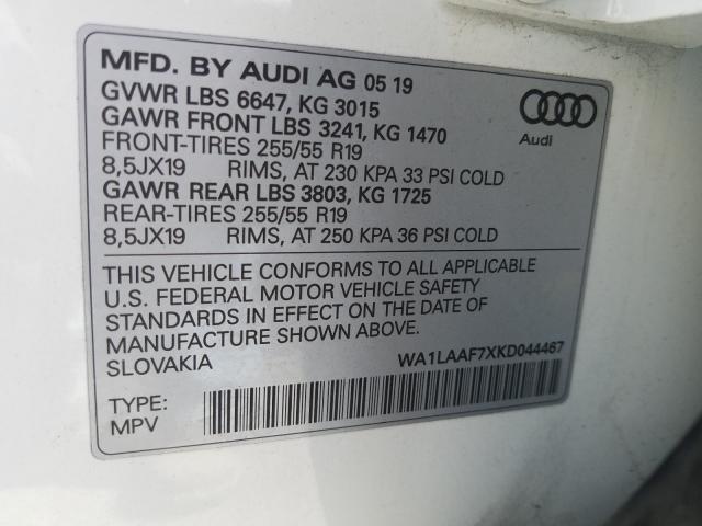 VIN WA1LAAF7XKD044467 2019 Audi Q7, Premium Plus no.10