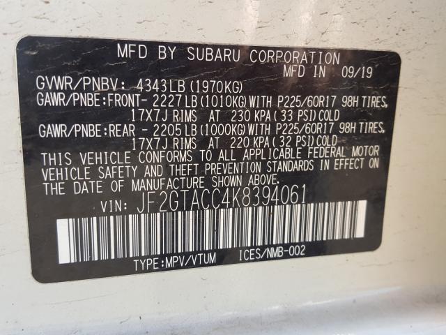 VIN WBA8E9G57GNU28572 2019 SUBARU CROSSTREK no.10