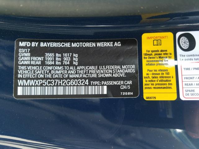 2017 MINI COOPER WMWXP5C37H2G60324
