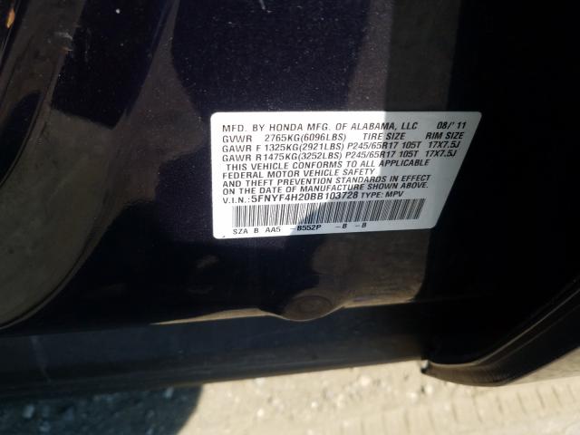 VIN W1N0G8EB5NV367855 2011 HONDA PILOT LX no.10