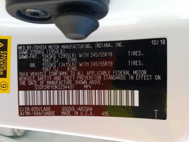 2019 TOYOTA HIGHLANDER 5TDYZRFH3KS294407