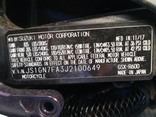 2018 SUZUKI GSX-R600 JS1GN7FA3J2100649