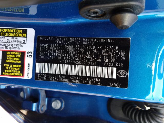 4T1B61HK5KU299124 TOYOTA CAMRY 2019