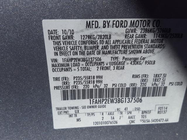 VIN 1N4AL3APXDC120584 2011 FORD TAURUS SEL no.10