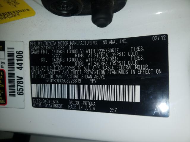 2012 TOYOTA SIENNA XLE 5TDYK3DC5CS226619