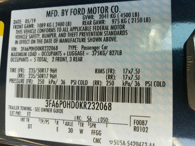 VIN WP1AA2AY7KDA14182 2019 FORD FUSION SE no.10