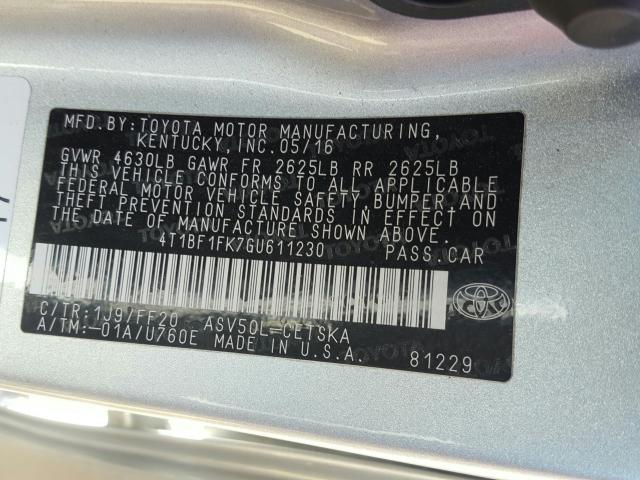 VIN 3N1CP5BV1LL541664 2016 TOYOTA CAMRY LE no.10