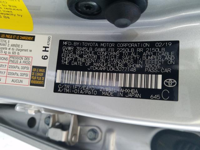 2019 TOYOTA PRIUS JTDKARFU0K3077148