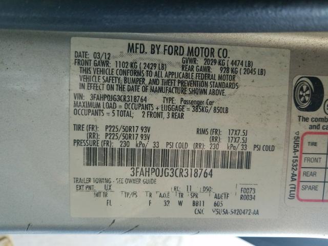 VIN 2C3CDXHG6FH826694 2012 FORD FUSION SEL no.10