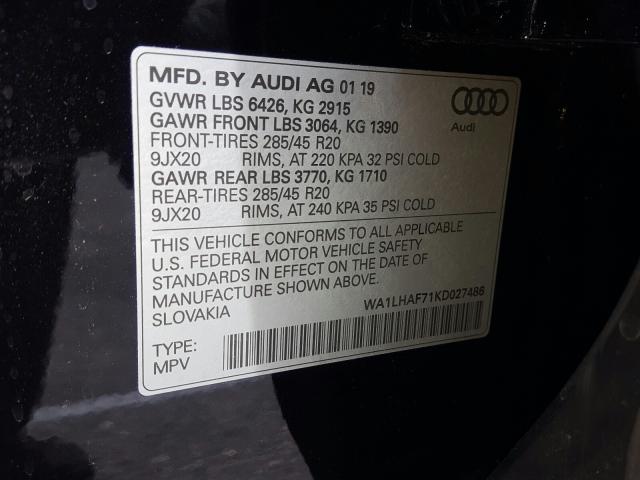 VIN WA1LHAF71KD027486 2019 Audi Q7, Premium Plus no.10