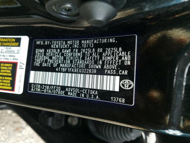 VIN JTHC81D24K5038763 2014 TOYOTA CAMRY L no.10