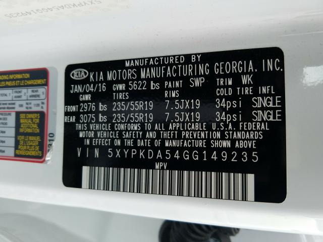 2016 KIA SORENTO SX 5XYPKDA54GG149235