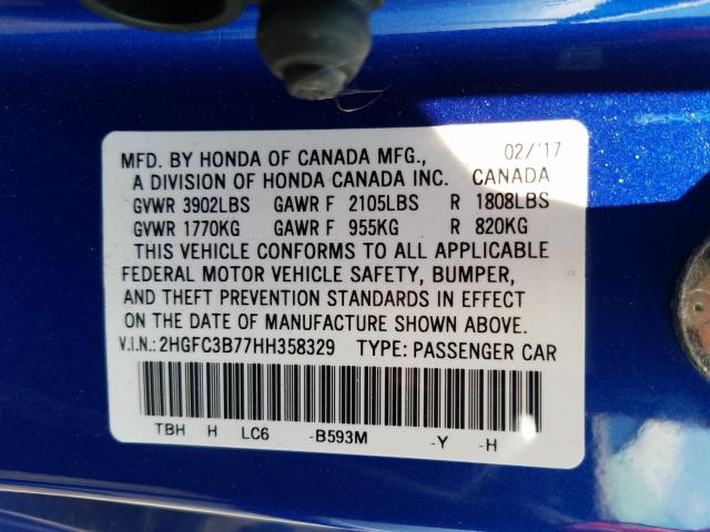 2017 HONDA CIVIC EXL 2HGFC3B77HH358329