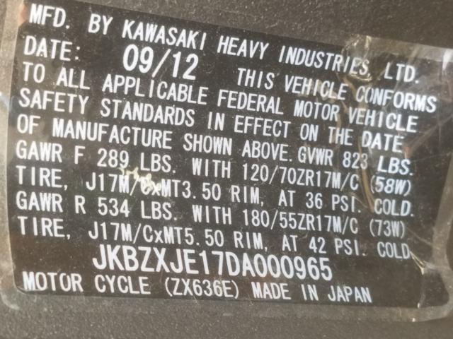 2013 KAWASAKI ZX636 E JKBZXJE17DA000965