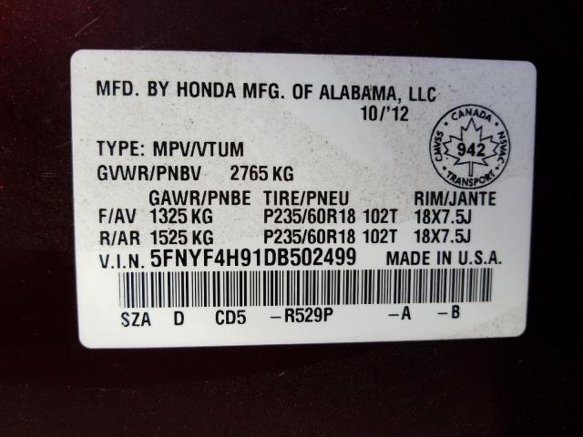 2013 HONDA PILOT TOUR 5FNYF4H91DB502499