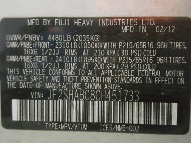 2012 SUBARU FORESTER JF2SHABC8CH451733