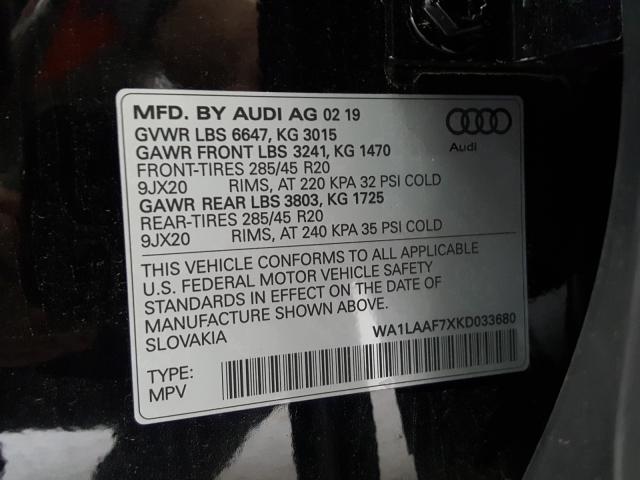 VIN WA1LAAF7XKD033680 2019 Audi Q7, Premium Plus no.10