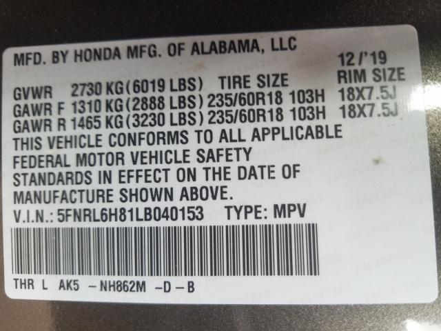 2020 HONDA ODYSSEY TO 5FNRL6H81LB040153